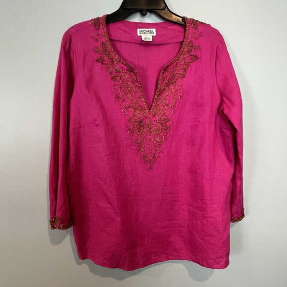 Michael Kors Pink Linen Top Womens size Large Long Sleeve Coastal Beachy Cruise - Picture 1 of 12